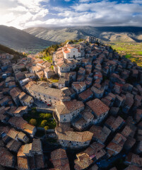 Aerial view of Morano Calabro town, a traditional beautiful medieval hilltop village of Italy,...