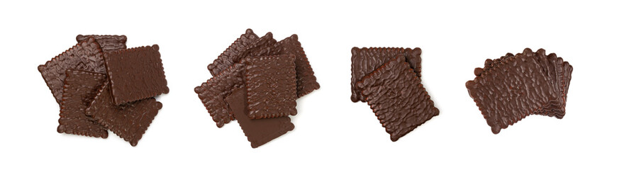 Biscuit Coated in Dark Chocolate Isolated, Square Cookies, Rectangular Shortbread, Crunchy Digestive Cookie