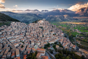 Fototapeta na wymiar Aerial view of Morano Calabro town, a traditional beautiful medieval hilltop village of Italy, Calabria region