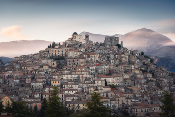 Landscape of Morano Calabro town at dusk, a traditional beautiful medieval hilltop village of Italy, Calabria region