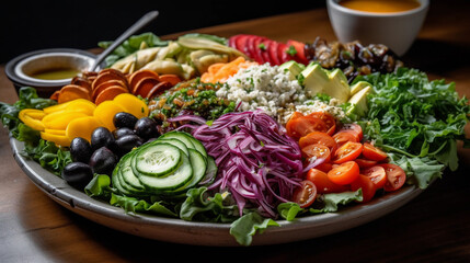 A platter of colorful and fresh salads, featuring a mix of greens, vegetables, and flavorful dressings