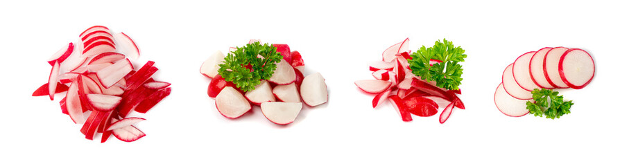Sliced Radish Roots Isolated, Red Root Round Cuts, Red Radishes Slice Pile, Radis cross sections on White