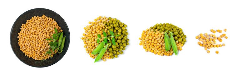 Dry Yellow Peas Isolated, Whole Pea Pile, Raw Legume, Dry Yellow Peas on White Background