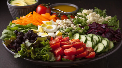 A platter of colorful and fresh salads, featuring a mix of greens, vegetables, and flavorful dressings