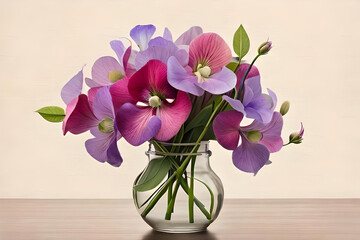Sweet Pea vase arrangement on an off-white background