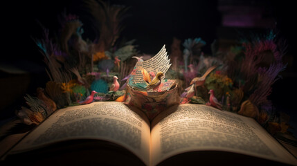 Generative Ai image of birds flying off the pages of an old book