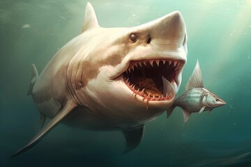 Model of a dangerous predatory white shark with prey AI Generative AI