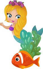 cartoon scene with mermaid princesss wimming near coral reef isolated illustration for children