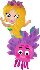 cartoon scene with mermaid princesss wimming near coral reef isolated illustration for children