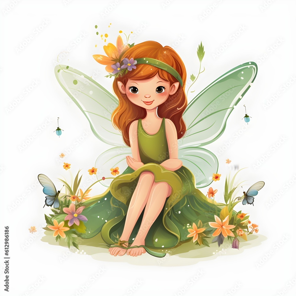 Wall mural Playful floral delight, delightful illustration of cute fairies with playful wings and delightful floral charms - Wall murals