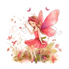 Fototapeta premium Fairy wings and sparkles, whimsical clipart of cute fairies with colorful wings and magical flower adornments