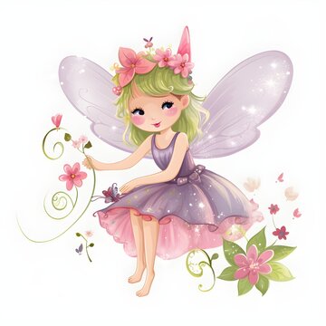 Vibrant meadow magic, delightful illustration of cute fairies with vibrant wings and magical meadow flowers