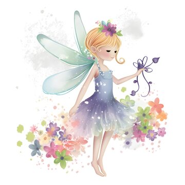 Whimsical garden whispers, adorable illustration of colorful fairies with whimsical wings and garden flower charms