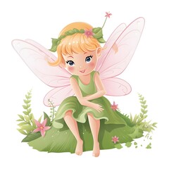 Enchanting meadow sprite, adorable illustration of a colorful fairy with cute wings and floral delights