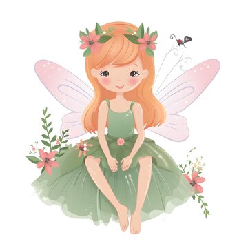 Magical floral symphony, colorful illustration of cute fairies with magical wings and harmonious floral charms