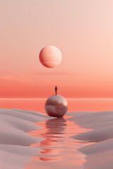 Abstract surreal background. pink balloon, water at sunset or dawn. horizon, minimalism. generative ai, ai, generative