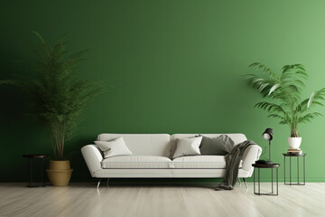 Minimalist living room interior with sofa and a green wall. Generative AI.