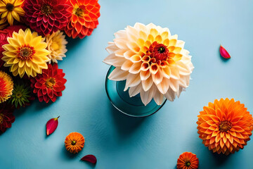 Dahlia bouquet in a vase on a light blue background