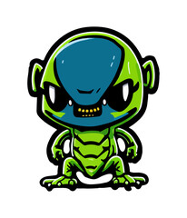 Cute space alien sticker. Alien with ufo in flat cartoon style.