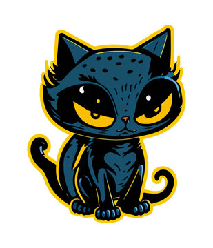 Cute space cat sticker. Alien kitten in flat cartoon style.