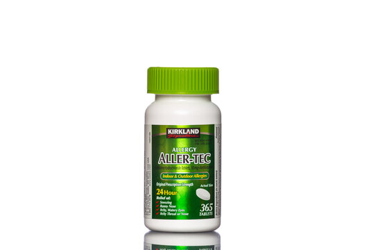 Chicago, USA - June 25, 2023: Kirkland brand Aller-Tec allergy 24 hour relief indoor and outdoor.