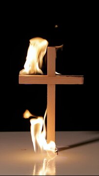 Fire around a burning cross symbol, vertical video