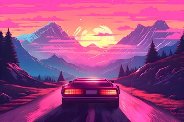 Beautiful 80s Retrowave landscape. Synthwave wallpaper and background. Printable wallpaper 