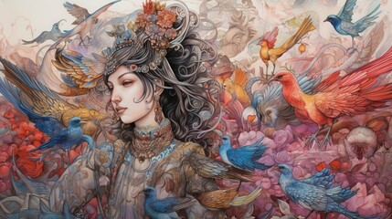Fototapeta premium Persian Fables Art with People and Animals