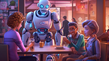 Group of diverse people in a cafe being served by an AI robot, Generative AI