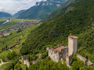 Castle of Avio in Trento province, Vallagarina, Trentino Alto Adige, northern Italy, Europe. Sabbionara medieval castle from amazing drone view