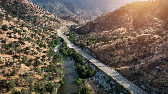Aerial shot of the Kern River and road in the Southern Sierra Nevada Mountains in California