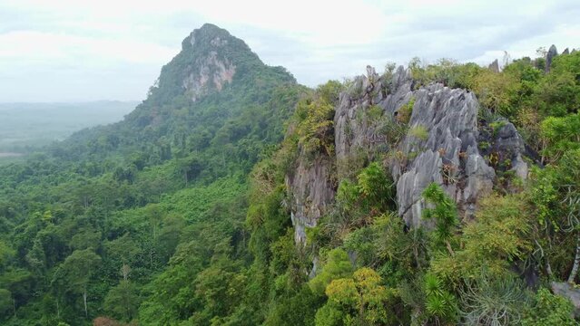 The beautiful nature of the tropical forest in Thailand shows the green forest floor, mountains, cliffs, natural beauty. High angle shot taken from a drone.