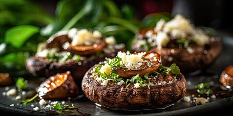 Naklejka na ściany i meble Ricotta-Stuffed Portobello Mushrooms with Arugula Salad close-up Generative AI Digital Illustration Part#140623 