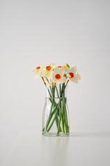 flowers daffodils in a transparent vase with water on the table
