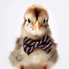 Fototapeta premium Adorable Cute Baby Chicken Chic Farm Animal in a Bow Tie Close Up Portrait Generative AI on White Background