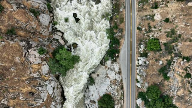 Aerial shot of the Kern River and road in the Southern Sierra Nevada Mountains in California