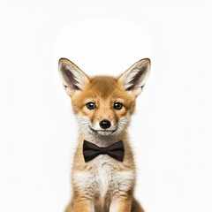 Adorable Cute Baby Coyote Animal in a Bow Tie Close Up Portrait Generative AI on White Background