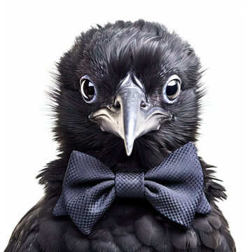 Adorable Cute Baby Crow Bird Animal in a Bow Tie Close Up Portrait Generative AI on White Background