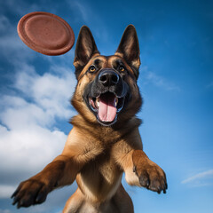 A Belgian Shepherd Malinois dog that catches a disk in a jump. Dog play with collar, Dog Frisbee