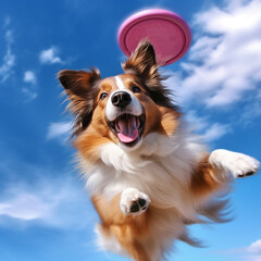 Naklejka na ściany i meble A sheltie dog that catches a disk in a jump. Dog play with collar, Dog Frisbee