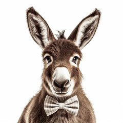 Adorable Cute Baby Donkey Foal Animal in a Bow Tie Close Up Portrait Generative AI on White Background
