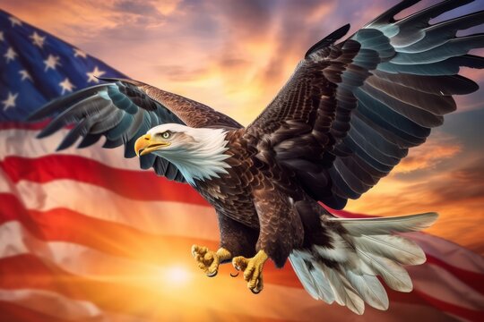An epic image of a majestic Bald Eagle soaring through the sky, carrying an American flag , vibrant colors, symbolizing the strength and freedom of the nation. Generative AI