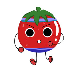 Cartoon tomato character running. Cute sporty tomato character making cardio workout. hand drawing cartoon, PNG illustration.