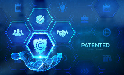 Patented. Patent Copyright Law. Copyright icon in wireframe hand. Author rights, patented intellectual property business technology concept on virtual screen. Vector illustration.