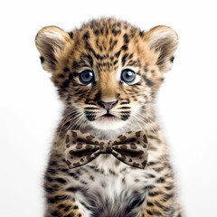 Obraz na płótnie Canvas Adorable Cute Baby Cheetah Animal in a Bow Tie Close Up Portrait on White Background Nursery, Kid's, Children's room, pediatric office Digital Wall Print Art Generative AI