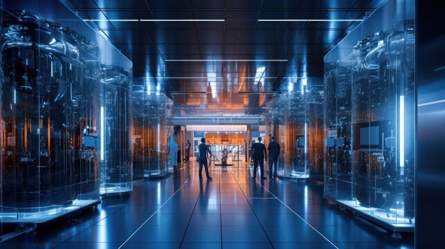 Futuristic laboratory where scientists harness the power of quantum computers, with complex algorithms and quantum entanglement pushing the boundaries of computation