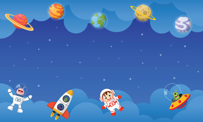 Plakat Cartoon space background with empty space in the middle. Vector cosmic illustration for party, greeting card, invitation, certificates etc
