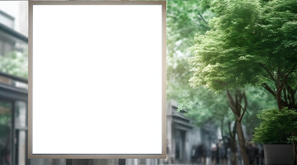 Blank mock up of store showcase and add advertisement window with greenery tree background.