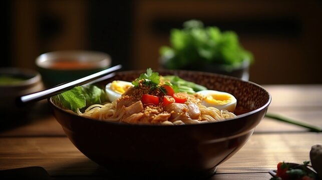 Indonesian Chicken Noodle On Wooden Table