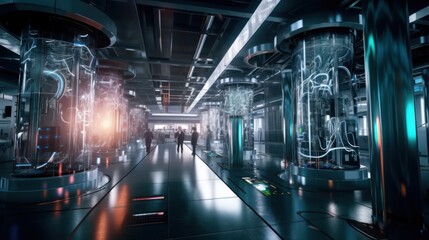 Fototapeta premium Futuristic laboratory where scientists harness the power of quantum computers, with complex algorithms and quantum entanglement pushing the boundaries of computation